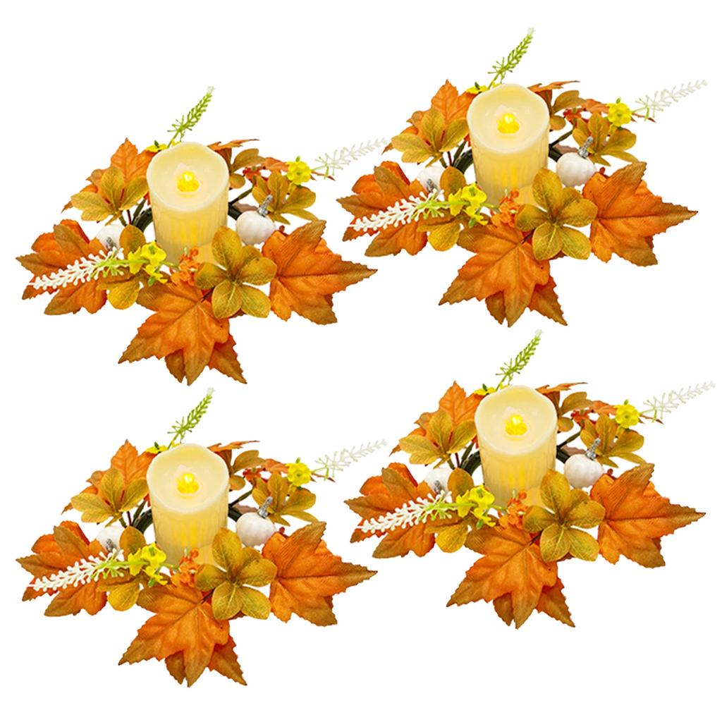 Maple Leaf Candle Ring Harvest Autumn Colors Maple Leaves Pumpkin Berries Artificial Candlestick Ornament Halloween Table Decor
