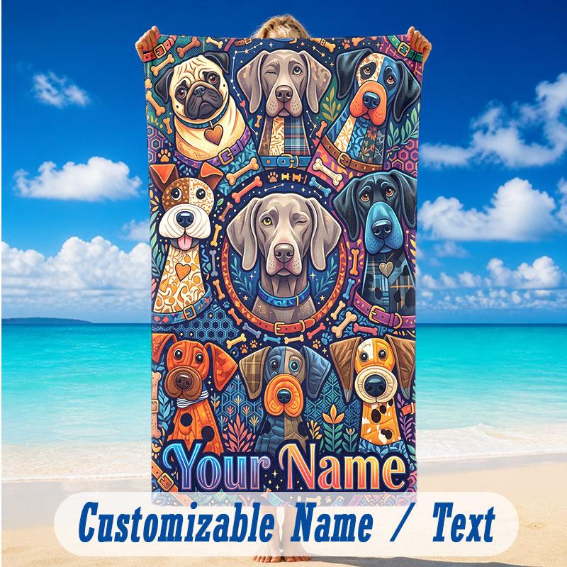 Dog Theme Beach Towel Personalized Custom Name & Text Soft Quick Dry Beach Towel for Swimming Travel