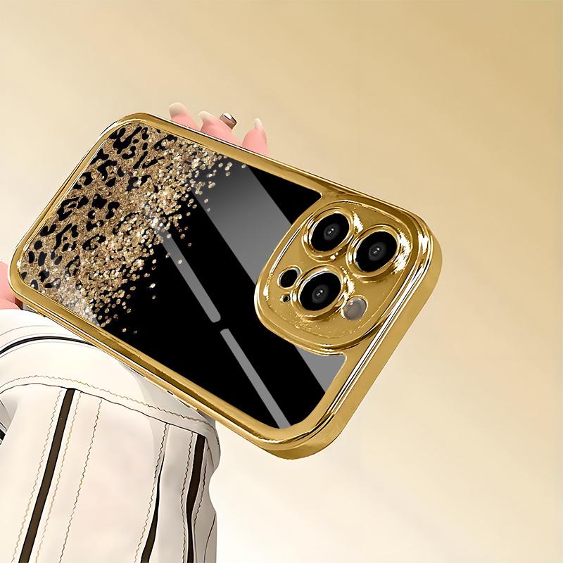 Leopard print black gold sparkling glass phone case suitable for iPhone17 16 15 14 13 12 11Pro/Max/Plus anti drop and shockproof