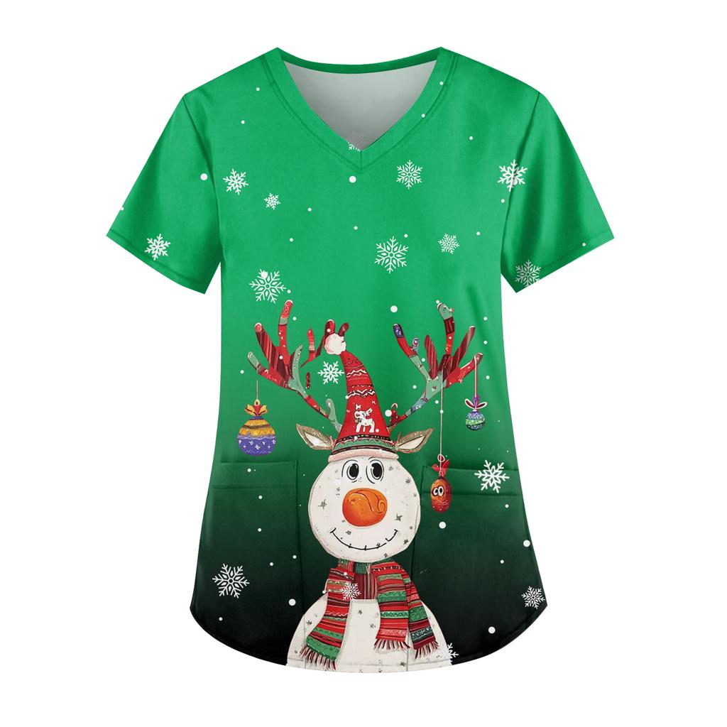 Ladies' Fashionable V-neck Pocket Short Sleeved Christmas Tree Printed Caregiver Uniform