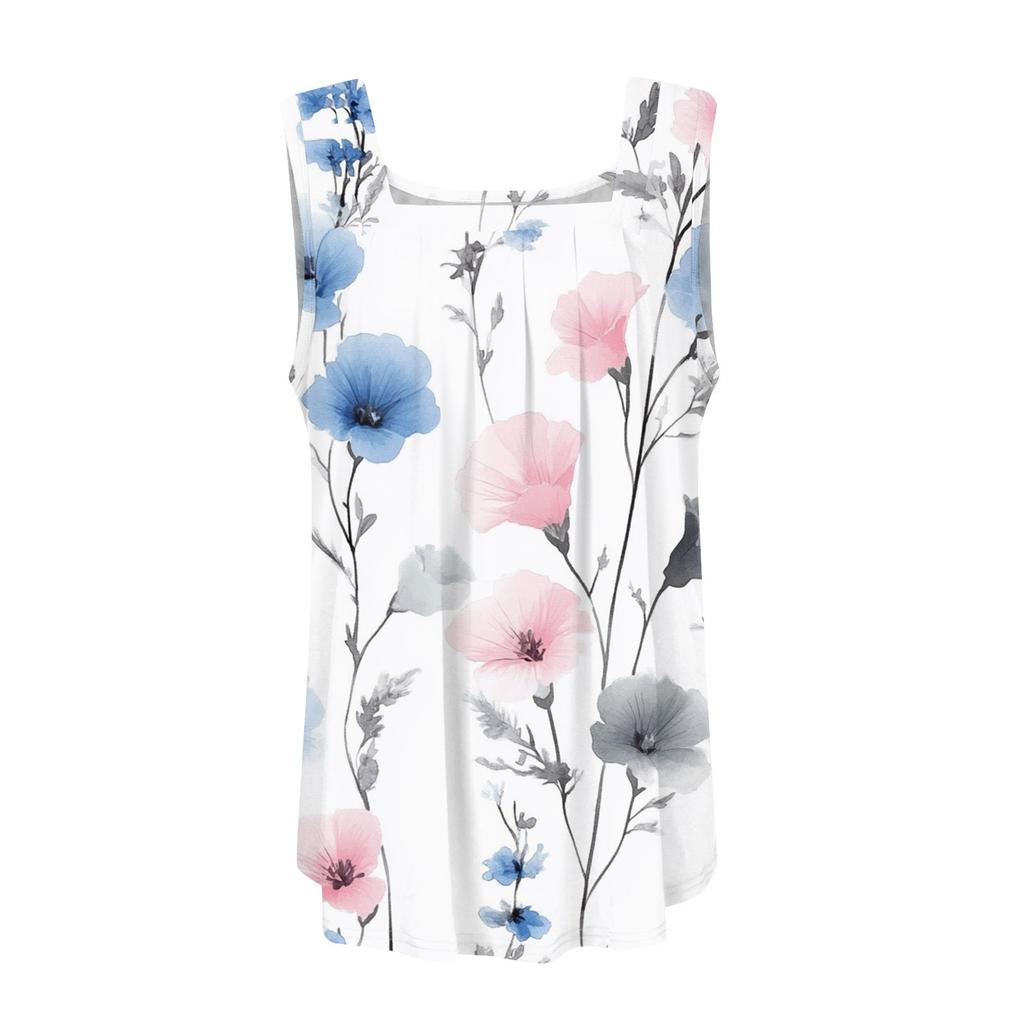 Women's Pleated Square Collar Sleeveless Vest Print T-shirt