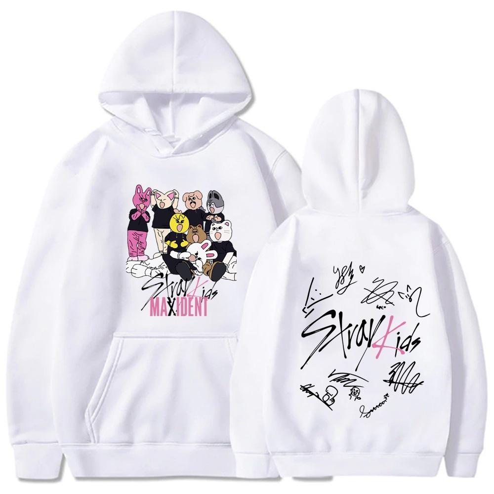 Sweat à capuche Pullover Personnages Stray Kids, Impression de Groupe Dessin Animé sur le Devant Graphique Signature des Membres au Dos Capuche à Cordon de Serrage Oversize Unisexe Streetwear K‑Pop
