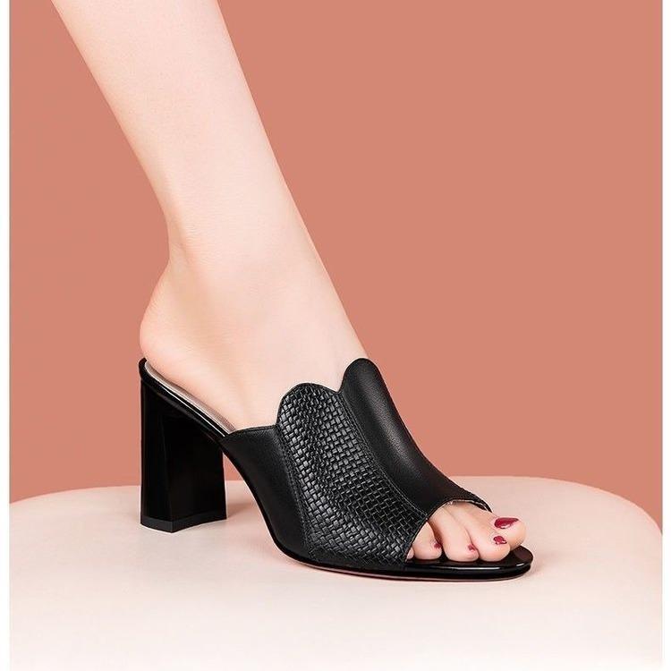 Thick Heel Cool Slippers Women's 2024 Summer New Outer Wear Versatile Soft Bottom Round Head Fish Mouth One-word Drag Women's High Heels