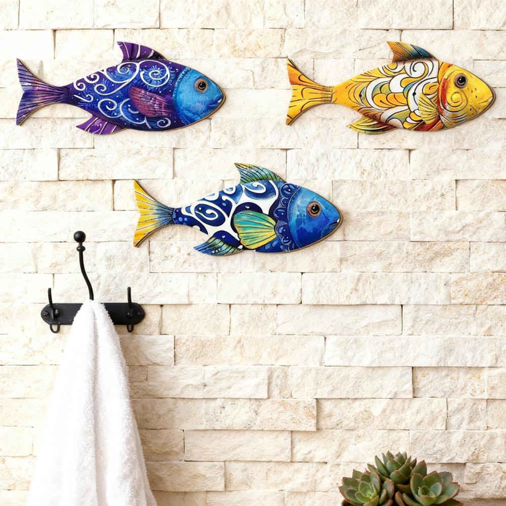 Adhesive Tape Wall Art 3 Pcs Wooden Fish Wall Art Set Nautical Coastal Beach Decor Rustic Lake House Sculpture for Room Bedroom