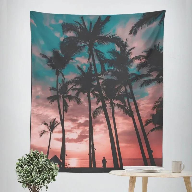Tapeçaria decorativa tropical de coqueiros ao anoitecer, decoração de parede para casa, escritório, sala de estar