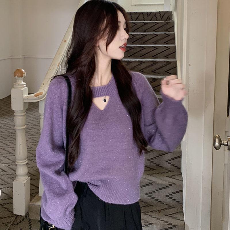 Přizpůsobený dutý design Pletený svetr s dlouhým rukávem Ženy Podzim/Zima Korejský krátký volný svetr Dámské topy