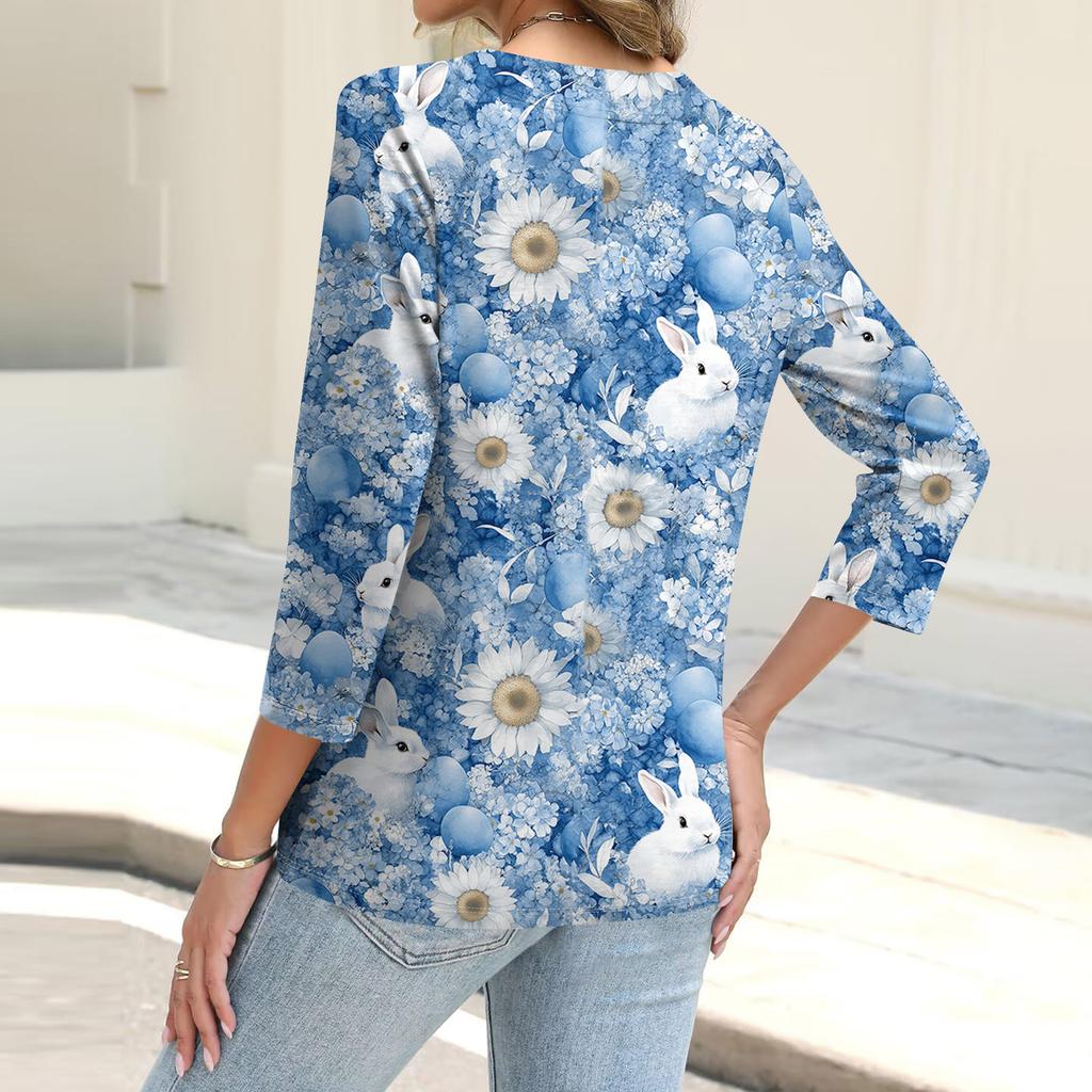 Women's Fashion Casual Print Button-down Shirt 3/4  Sleeve Tops