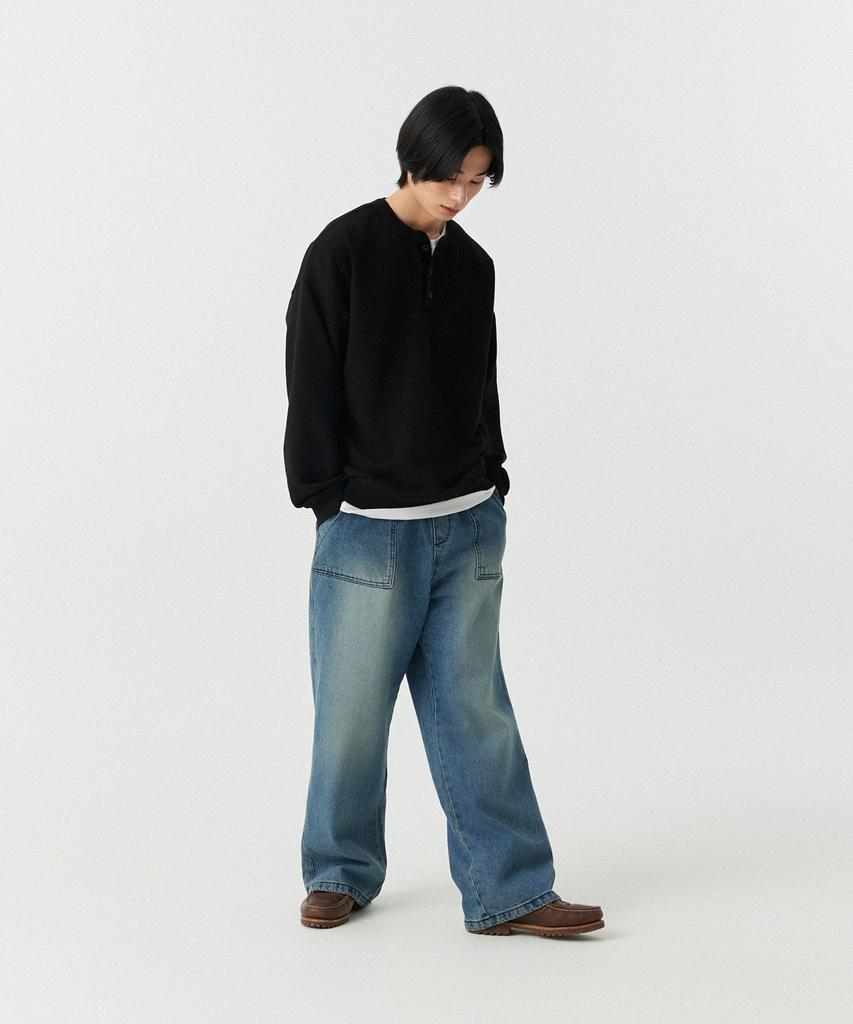 STENDS [M~4Xl] Henley Neck Semi-Oversized Sweatshirt_Black
