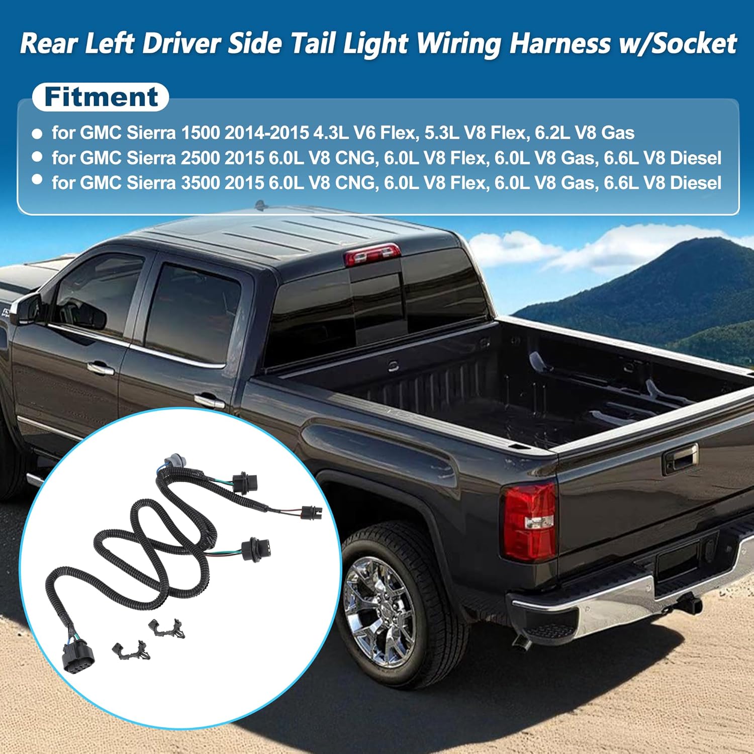 LH Tail Light Socket Wiring Harness for GMC Sierra 1500 2014-2015 Rear Left Driver Side Tail Lamp Wiring for GMC Sierra 2500 3500 Replaces 23141279