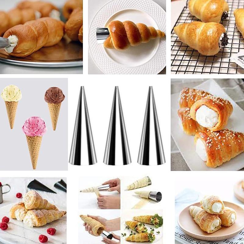 1Set Stainless Steel Cannoli Form Tubes Cream Roll Mold Diagonal Shaped Free Standing Cone Flower Mounted Mouth Cleaning Brush