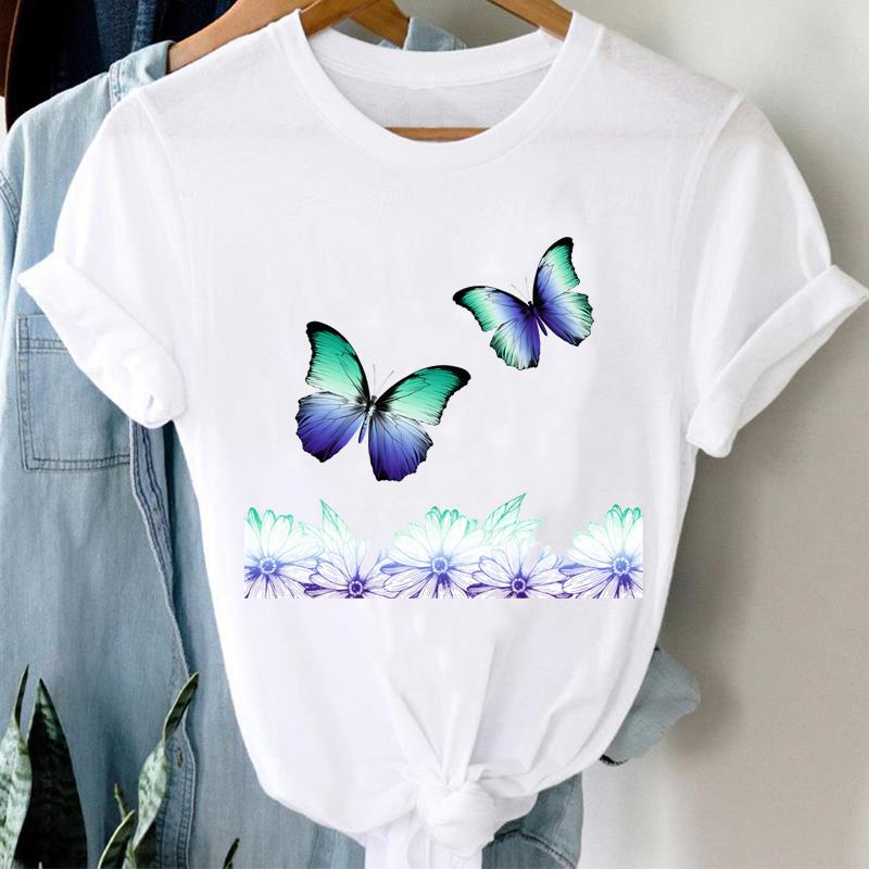 (Asian Size) Printed Clothing Top Fashion feather flower 90s Short Sleeve T-shirts Women Graphic Tee Lady Female Casual T Shirt Tees