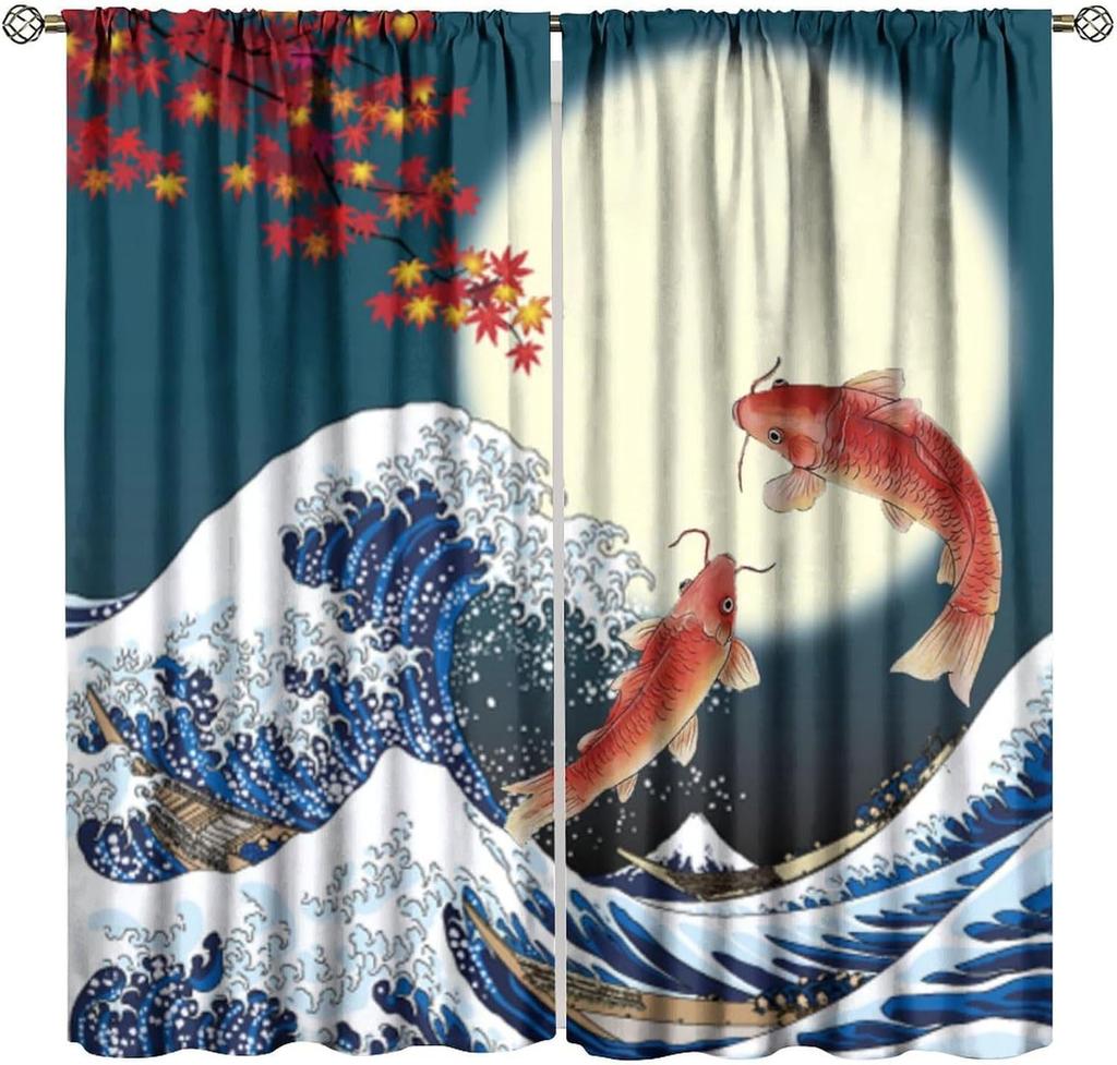 Japanese Anime Samurai Curtains Watercolor Ink Samurai Red Sun Shrine Mount Fuji Blackout Window Treatment Living Room Bedroom