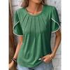 Tops Women Round Neck Pleated Short-sleeved Lace Casual T-shirt Women's Spring Summer Office Commuting Solid Color Versatile Top
