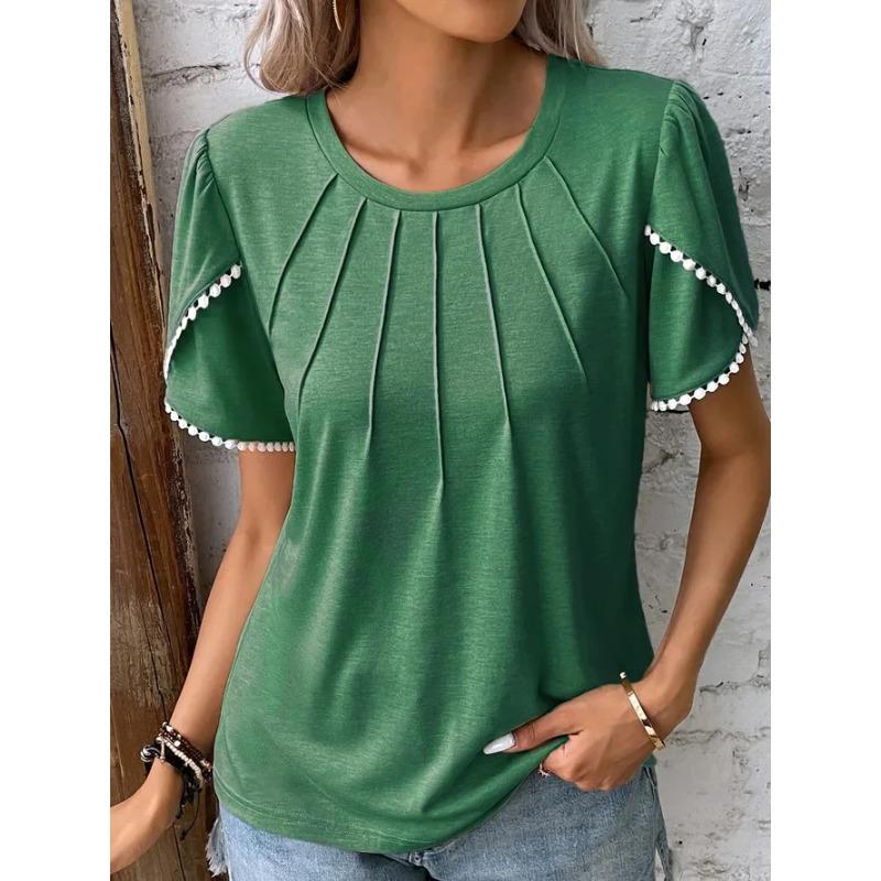 Tops Women Round Neck Pleated Short-sleeved Lace Casual T-shirt Women's Spring Summer Office Commuting Solid Color Versatile Top