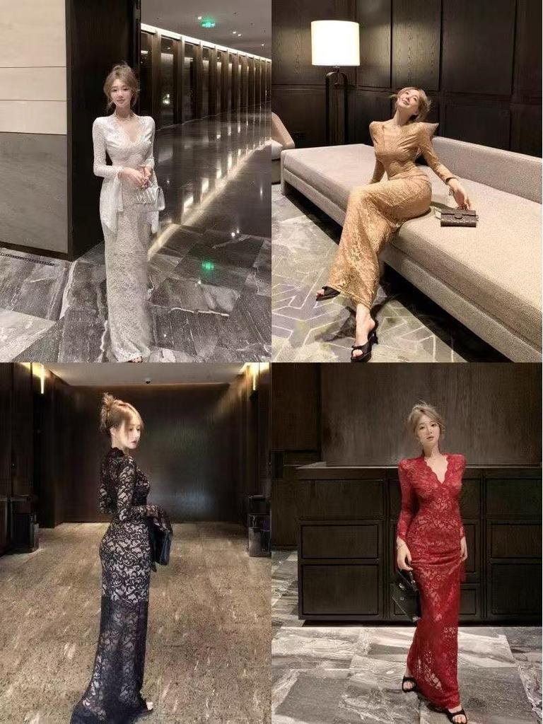 Red Slim Fit Long Sleeve Lace Dress - Spring/Summer Waist-Cinched Evening Gown with French Royal Elegance