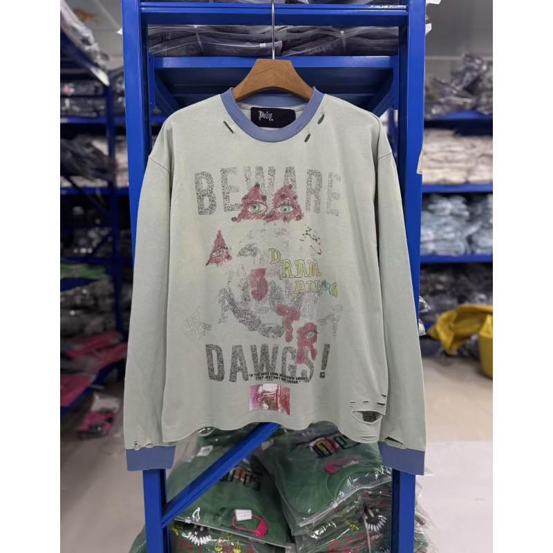 Unisex Oversized Distressed Long Sleeve Tee With Embroidered Letter Print Contrast Trim Soft Cotton Blend Casual Wear