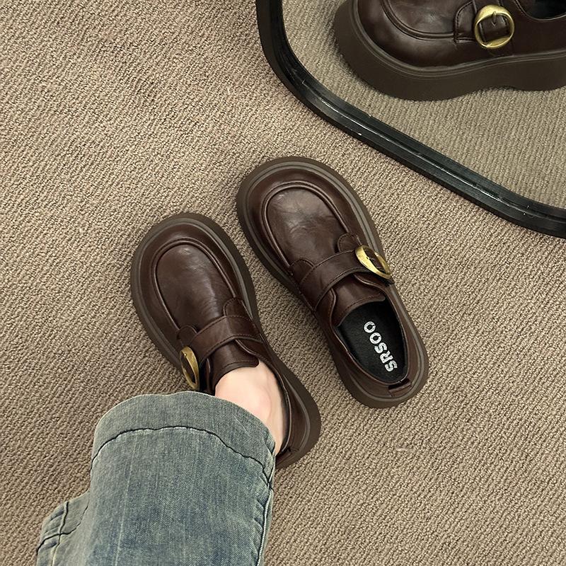 British style small leather shoes women's summer 2025 new muffin thick-soled round head versatile Velcro black loafers