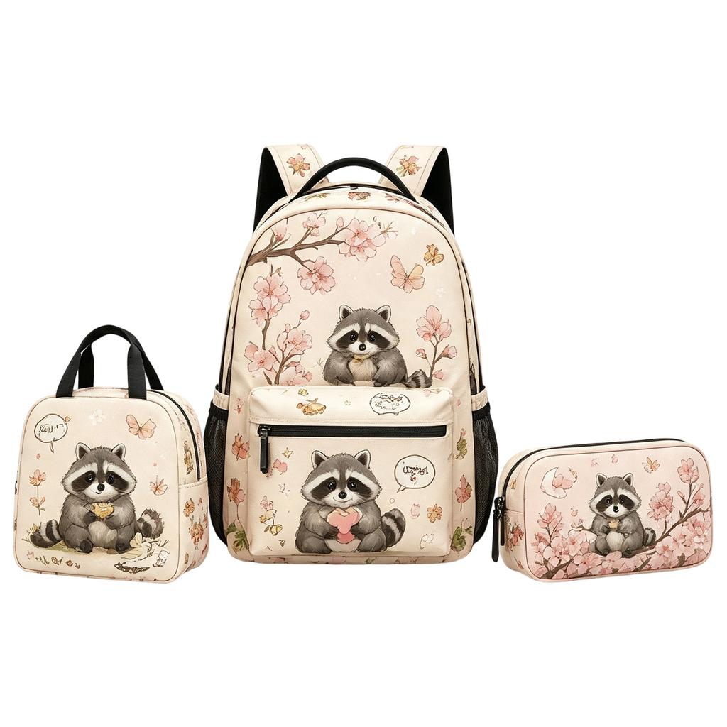 Set Zaino Raccoon per Bambini con Borsa Pranzo e Astuccio per la Scuola