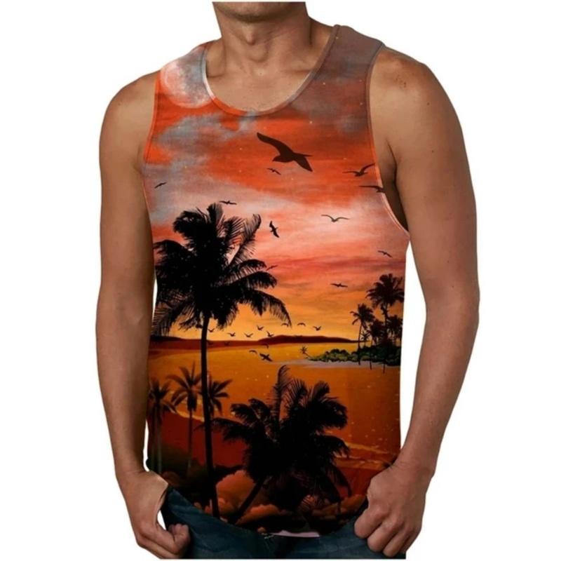 3D Printed Color Gradient Sunset Men's Vest with Plant Pattern T-shirt, Summer Loose Vacation Street Sports Top, Round Neck Vest