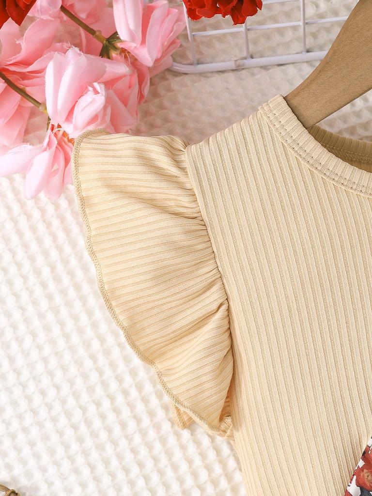 Girls Floral Print Dress with Bow, Ruffle Sleeve Ribbed Bodice Casual Summer Outfit