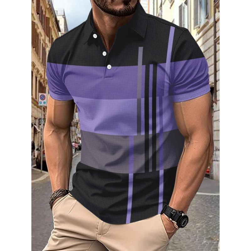 Men Geometric Color Block Short Sleeve Textured Polo Shirt