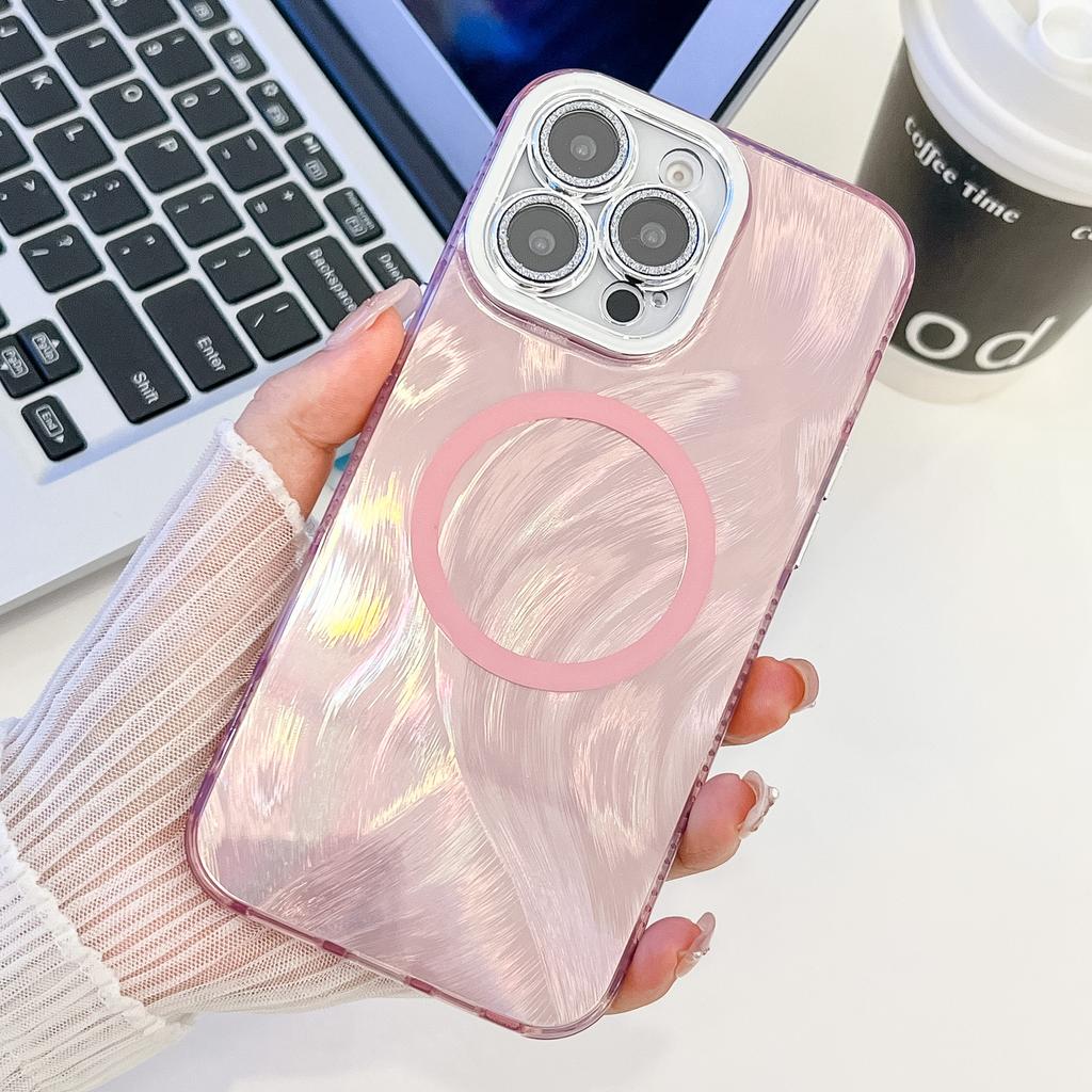 Feather Pattern Suitable for IPhone16promax Magnetic Phone Case Apple 15 with Electroplated Flash Powder Lens Film