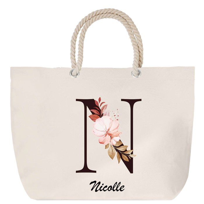 Sac de plage anse corde - PLANETEE - Nicolle - Motif Lettre Fleur - Grand format - Anse corde solide