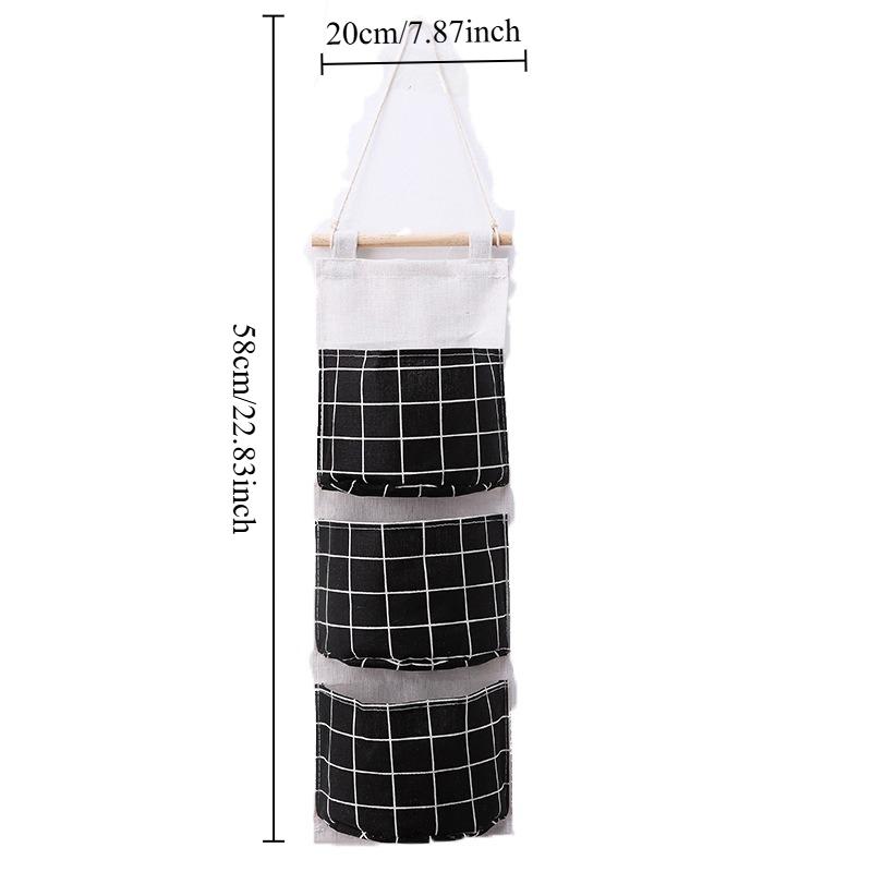 Plaid Cotton Linen Hanging Storage Bag 3 Pocket Door Organizer Wall Mount Pouch for Bedroom Bathroom Storage Holder