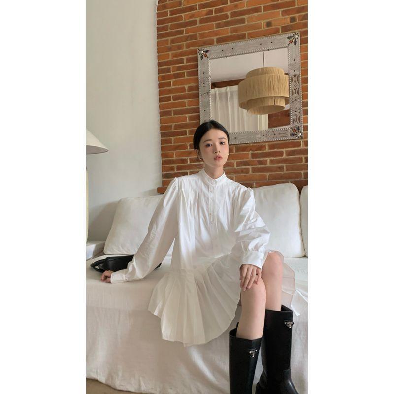 

Plus-Size Women s Clothing for Fat Girls, Korean Style High-End Retro White Long-Sleeved Shirt Dress, Women s Autumn Pleated Short Skirt White S