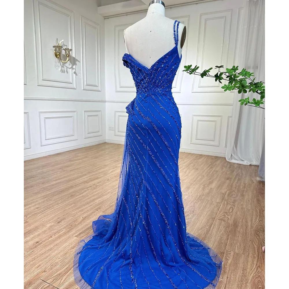 High-end sexy one-word shoulder fish blue split fork fish tail temperament socialite banquet host dress LA11111
