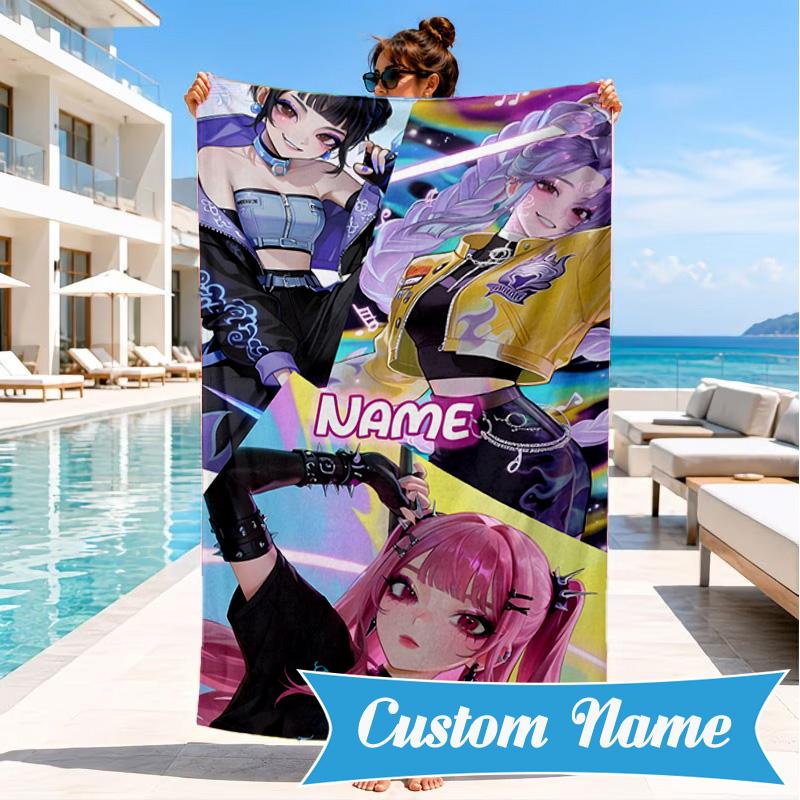 Custom Name KPop Cartoon Beach Towel Microfiber Beach Towel, Lightweight and Quick-Dry, for Summer Travel, Swimming Pool Gift