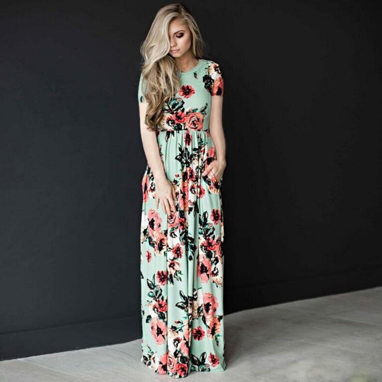 Women's Summer Long Dress Floral Print Boho Beach Dress Tunic Maxi Dress Evening Party Dress