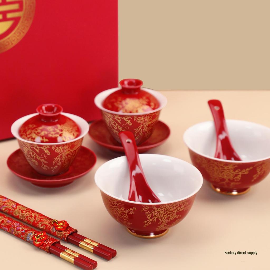 Double Happiness Newlywed Tea Set: Red Bowls, Chopsticks, and Spoons