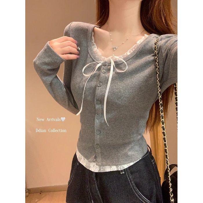 

2025 Весна Женский Приталенный Топ из Кружева с Пуговицами и Длинным Рукавом, Двойка S [for 70-85 lbs] серый