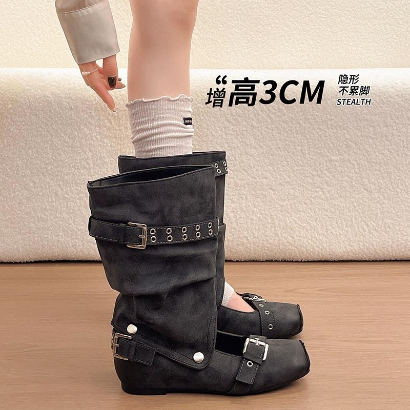 Removable inner height-increasing cool boots, trouser tube is thin, fashionable belt buckle, cool boots, shallow mouth two wear, women's large tube