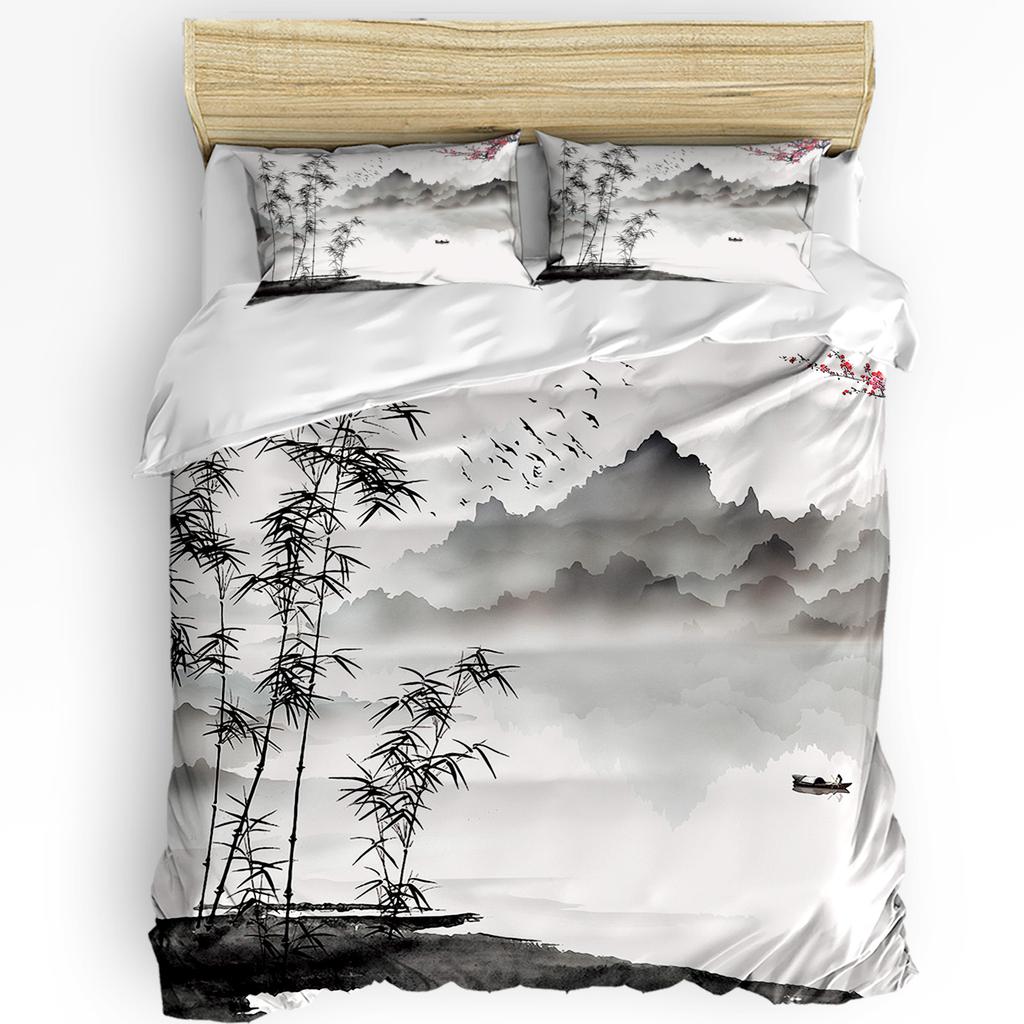 Lightweight Cozy Double Quilt Chinese Ink Landscape Painting Polyester With Pillow Case Custom 3pcs Bed Home Textile