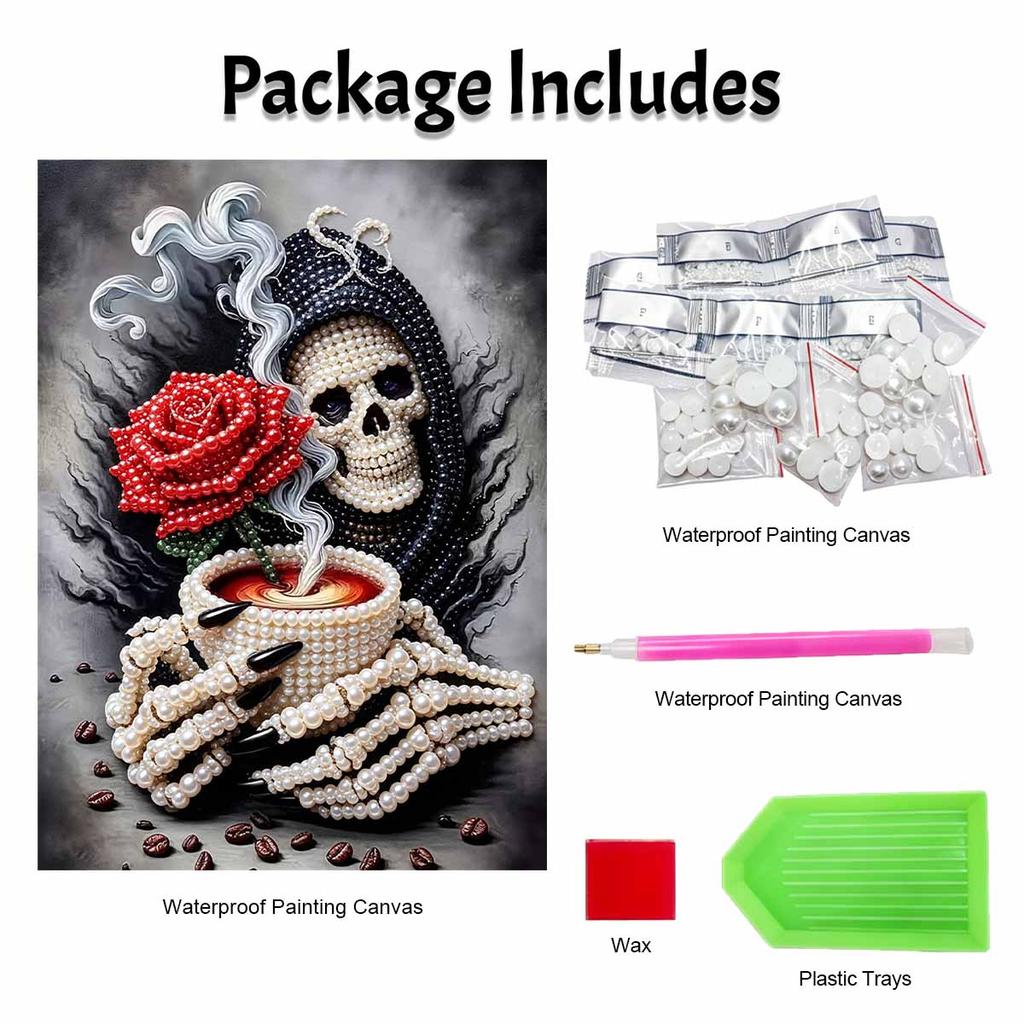 Frameless Pearl Painting Kit Gothic Skeleton Red Rose Coffee Pattern DIY Shiny Bead Canvas Creative Leisure Craft Gift for Adults