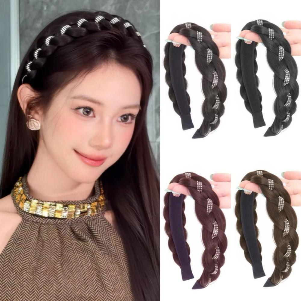 Synthetic Rhinestones Twist Braided Hairband Elegant Fishbone Braids Hair Bands  for Lazy Girls