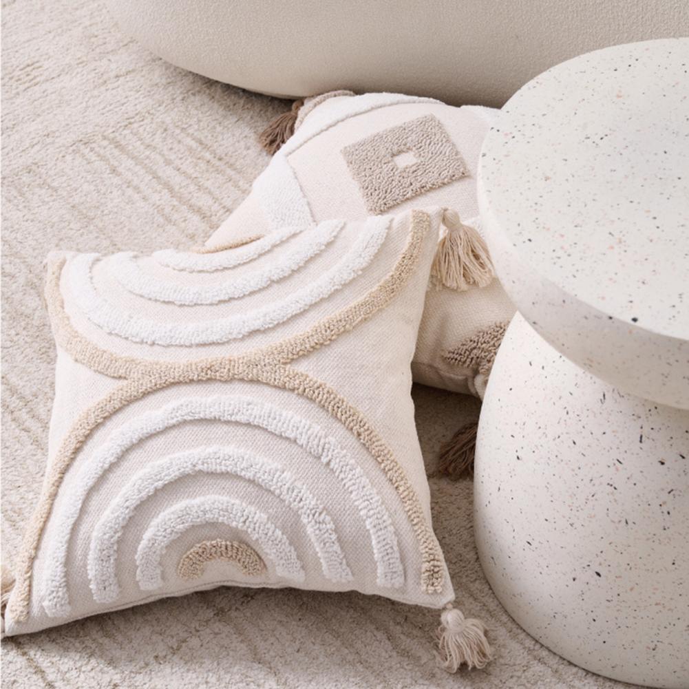 Throw Pillow Boho Soft Cotton Pattern And Tassels Pillow Cover With Braided Rope Textured Striped Woven Tufted Cushion Case