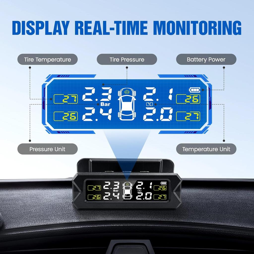 Auto Tire Pressure Monitoring System Digital Display External TPMS Real-Time Alarm System with Sensors 6bar Safety Warning