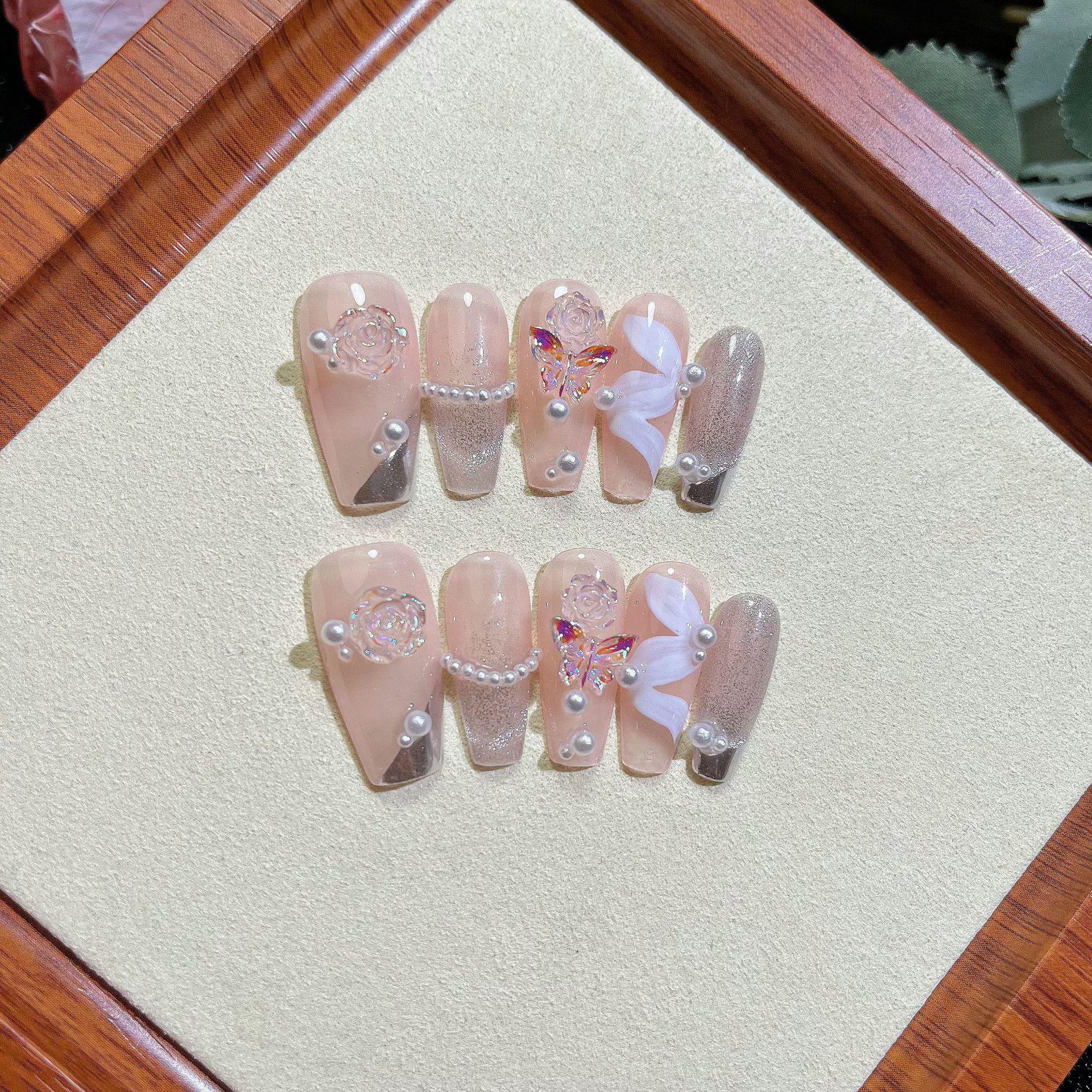 

2024 Nude Butterfly Handmade Press-On Nails: Removable Nail Art Patches Enhance Whiteness for Women Large