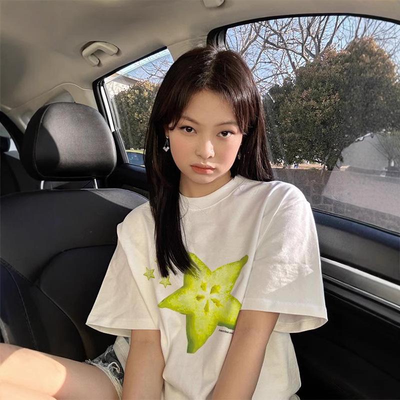 Ladies Summer Short Sleeve Round Collar Pullover Casual Starfruit Printed Teenager Oversize T Shirt Top