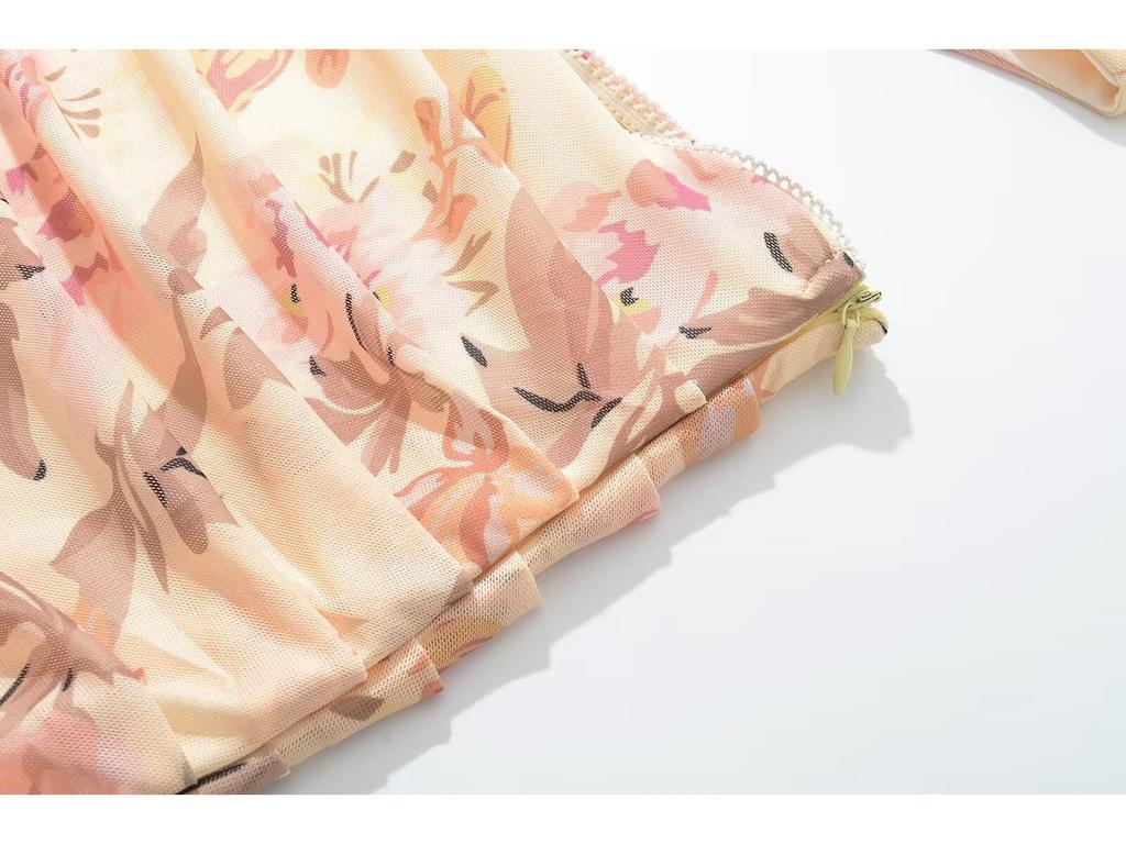 2025 Spring Women's European & American Style Mesh Print Lace Top and Skirt Set