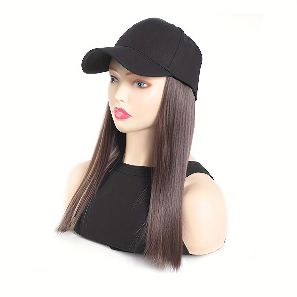 Elegant Women'S Black Baseball Cap With Adjustable Hat Wig - Long Straight Synthetic Hair, One Piece