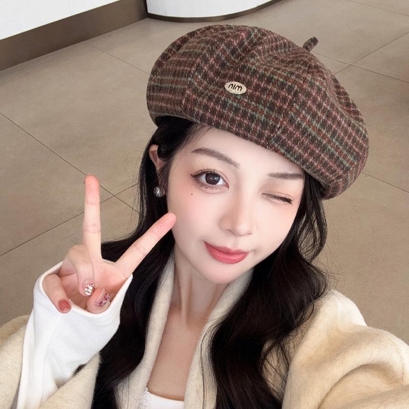 Retro Plaid Beret Women's Autumn and Winter Literary British Painter Hat Big Head Circumference Showing Face Small Versatile Pumpkin Hat