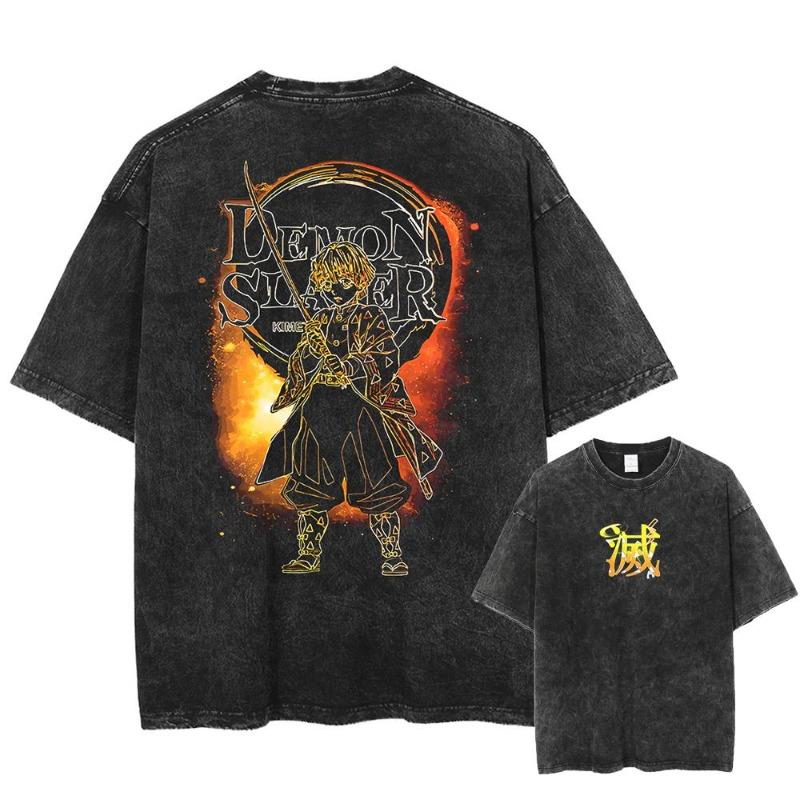 Japanese Anime Demon Slayer Akaza Graphic Washed T-shirts Women’s Men's Clothing  Harajuku Y2K Oversized Cotton Half-sleeve Tops