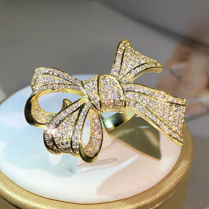 CopperExquisite Birthday Bow Fashion Jewelry Yellow Gold Bow Ring and White Zircon Ring Ladies Party Jewelry