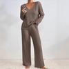 Women's Loose Fit Two-piece Loungewear Set Long Sleeve Knit Top Elastic Waist Wide Leg Pants Solid Ribbed Casual Tracksuit