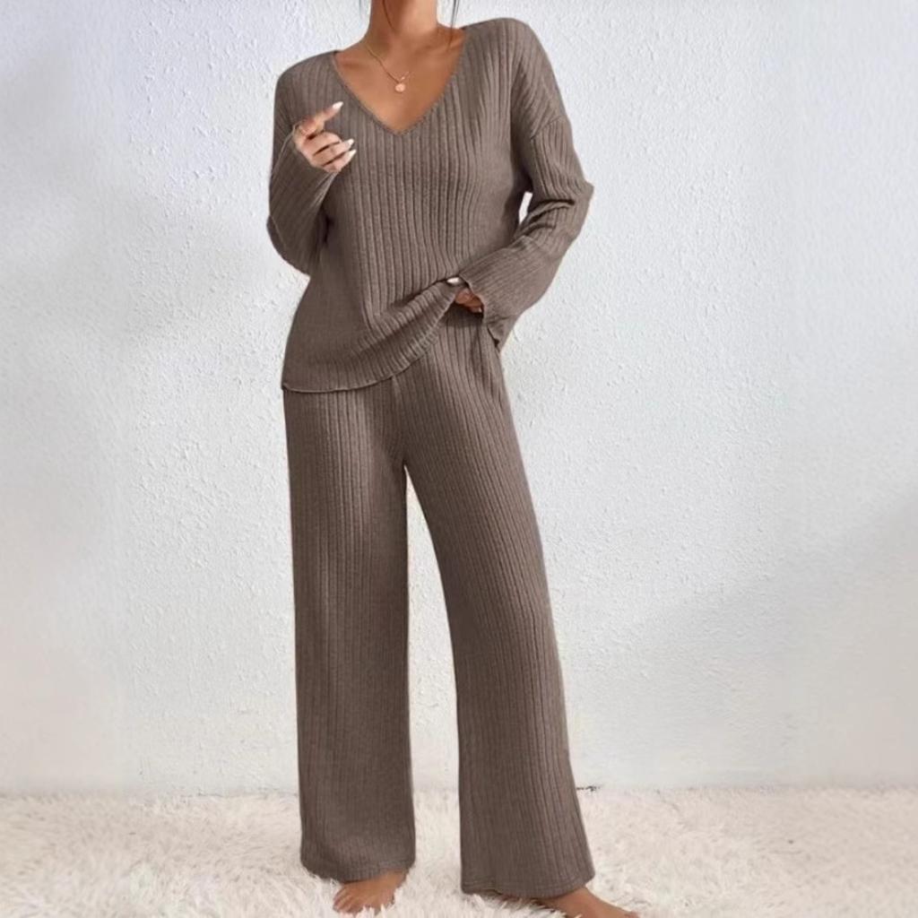 Women's Loose Fit Two-piece Loungewear Set Long Sleeve Knit Top Elastic Waist Wide Leg Pants Solid Ribbed Casual Tracksuit