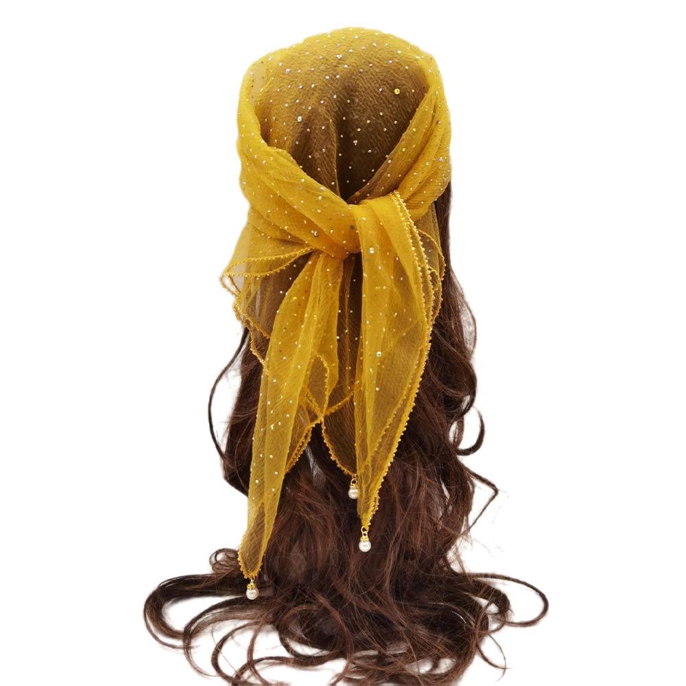 Fashion Pearl Tassel Diamond Hijab Rhinestone Square Pearl Tassel Scarf Thin Veil Full Sky Turban Hair Accessory жёлтый